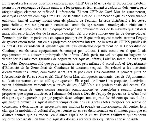 Respuesta del Ayuntamiento de Gavà al ruego de CiU de Gavà solicitando mejoras para la 'Escola Gavà Mar' (27 de noviembre de 2008)